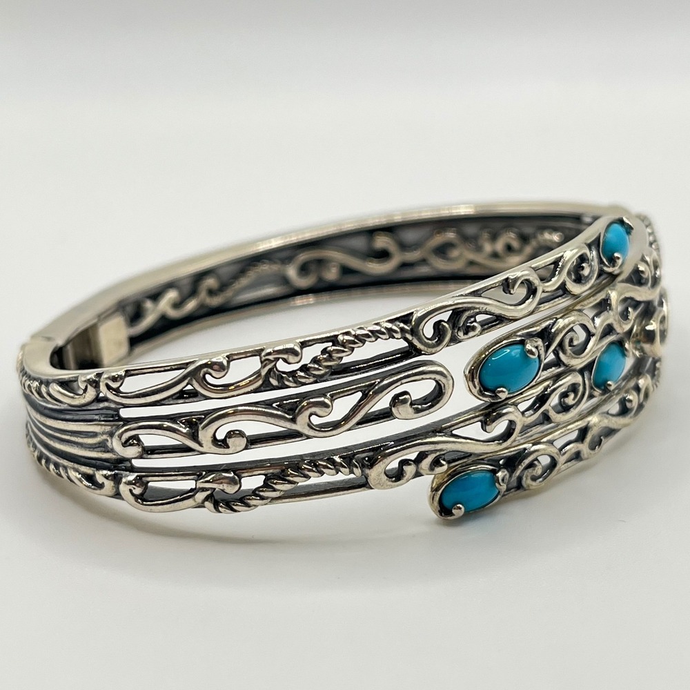 Carolyn Pollack Sterling Silver Turquoise Filigree Hinged Bypass Cuff Bracelet - Picture 7 of 8
